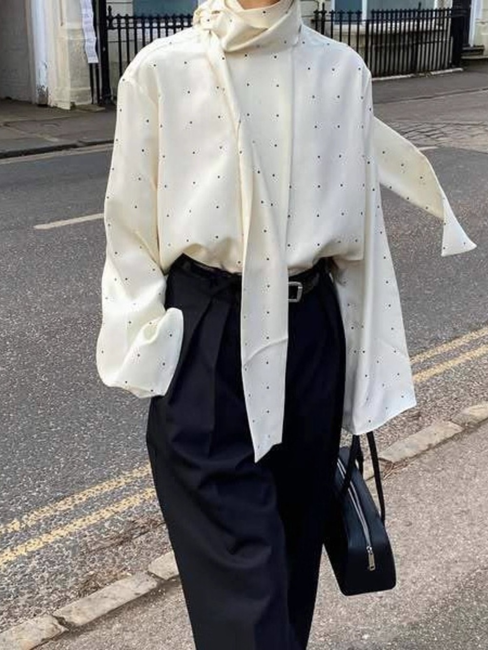 Polka Dot Silk Blouse with Scarf Neck Tie